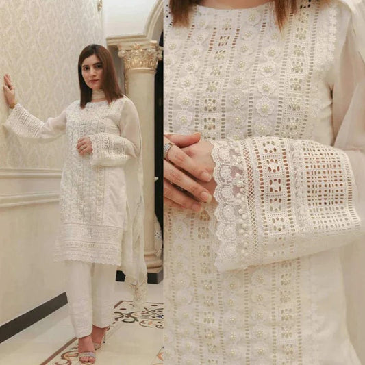 3 PCS Chikenkari White Embroidered Lawn Collection BULM-D-750
