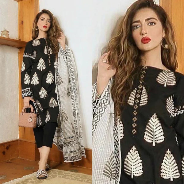 3 PCS Maria b Black Embroidered Lawn Collection MB-846