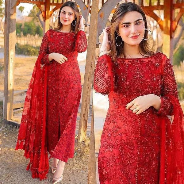 3PCS Azure red Embroidered Lawn Collection D-19