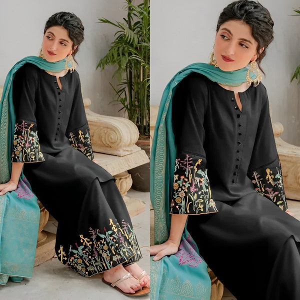 3PCS Black Dhanak Embroidered Winter Collection BYC-882