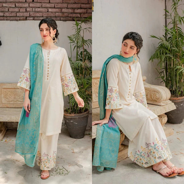 3PCS Off White Dhanak Embroidered LC Winter Collection BULM-624