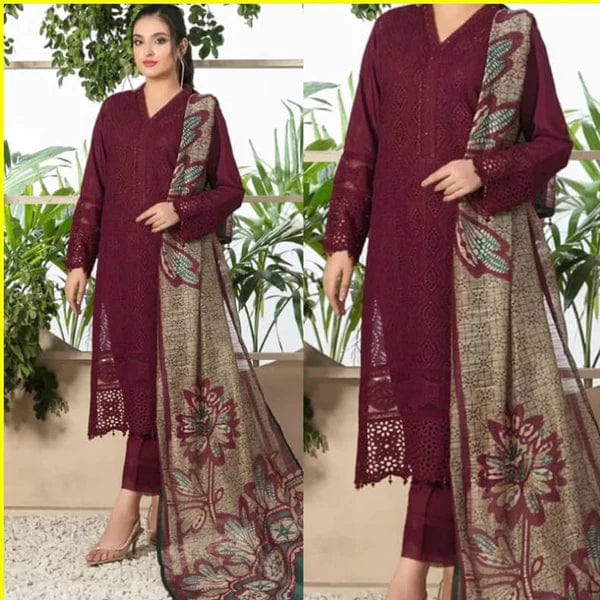 3PCS Chikenkari Mehroon Embroidered Lawn Collection D-762