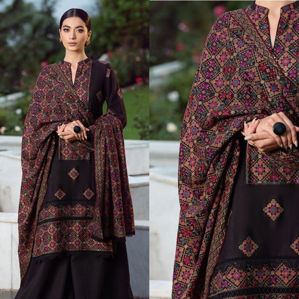 3PCS Bareeze Black Embroidered Dhanak Winter Collection FCC-707