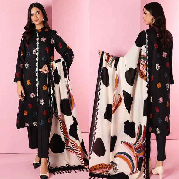 3PCS Black Khaadi Dhanak Embroidered With Wool Shawl Winter Collection 18404