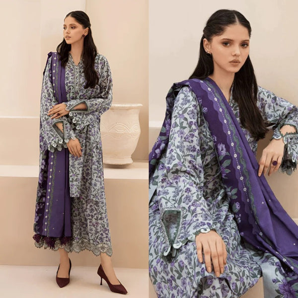 3PCS BAROQUE KARANDI PRINTED SHIRT WITH KARANDI PRINTED DUAPTTA AND TROUSER Winter Collection ULM-807