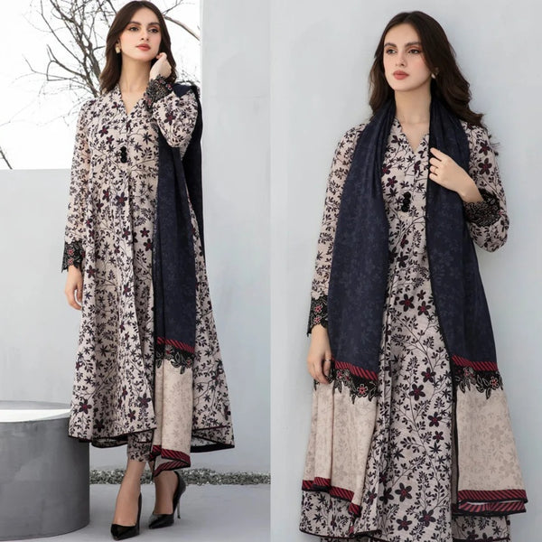 3PCS BAROQUE KARANDI PRINTED SHIRT WITH KARANDI PRINTED DUAPTTA AND TROUSER Winter Collection ULM-802