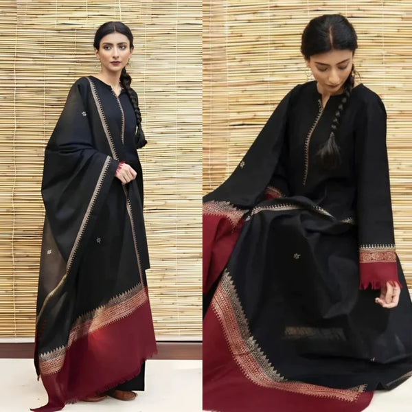 3PCS Black Dhanak Embroidered With Dhanak Shawl Winter Collection  BULM-451