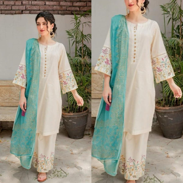 3PCS Off White Embroidered Lawn Collection BYC-882