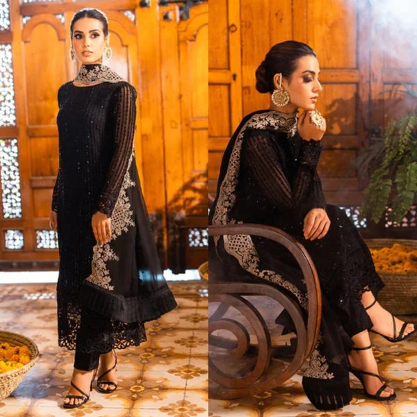 3 PCS Azure Organza Black Embroidered Lawn Collection Design 20