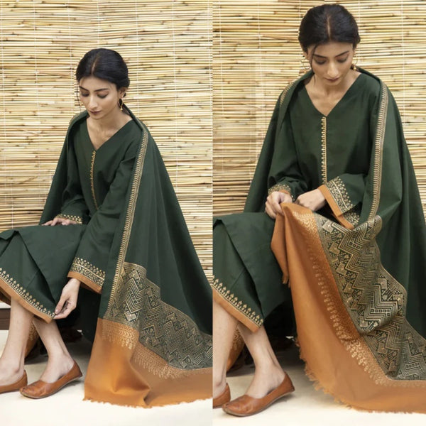 3pcs Mongia Dhanak Embroidered With Dhanak Shawl LC Winter Collection BULM-471