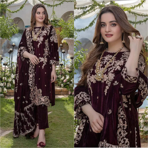 3PCS Embroidered Velvet With Velvet Shawl Winter Collection FCCW ZC-111