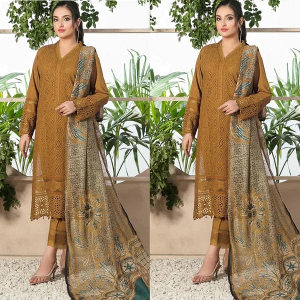 3PCS Chikenkari  Mustard Embroidered Lawn Collection D-762