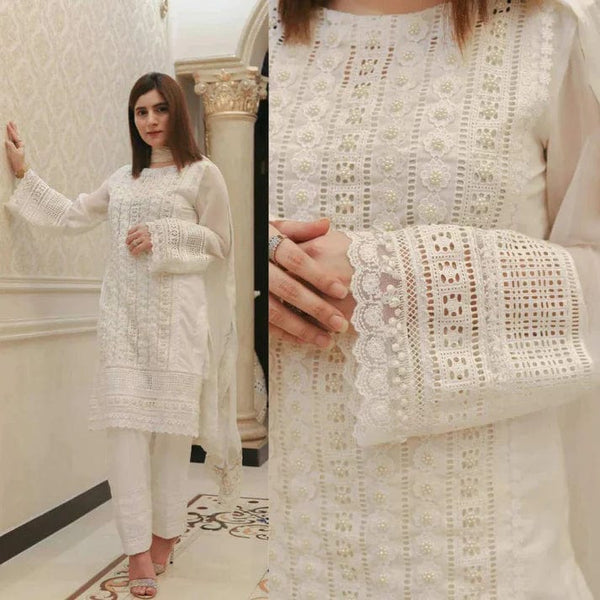 3 PCS Chikenkari White Embroidered  Lawn Collection D-750